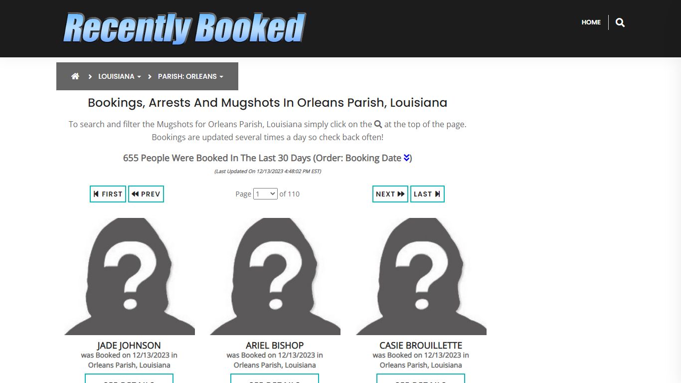 Bookings, Arrests and Mugshots in Orleans Parish, Louisiana